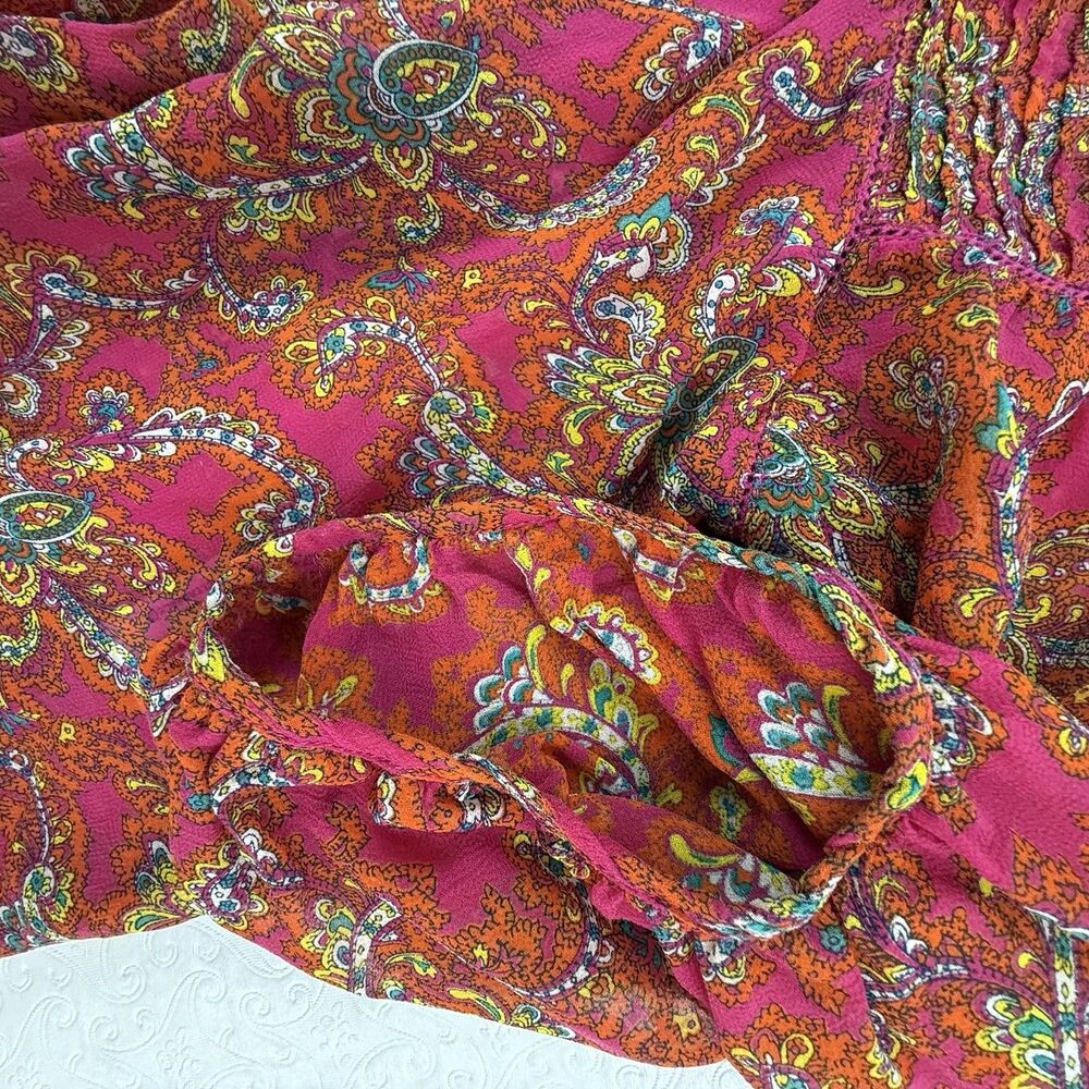 Anthropologie Lil Clara Peasant Blouse Women S M Pink Orange Paisley Floral - Picture 7 of 14